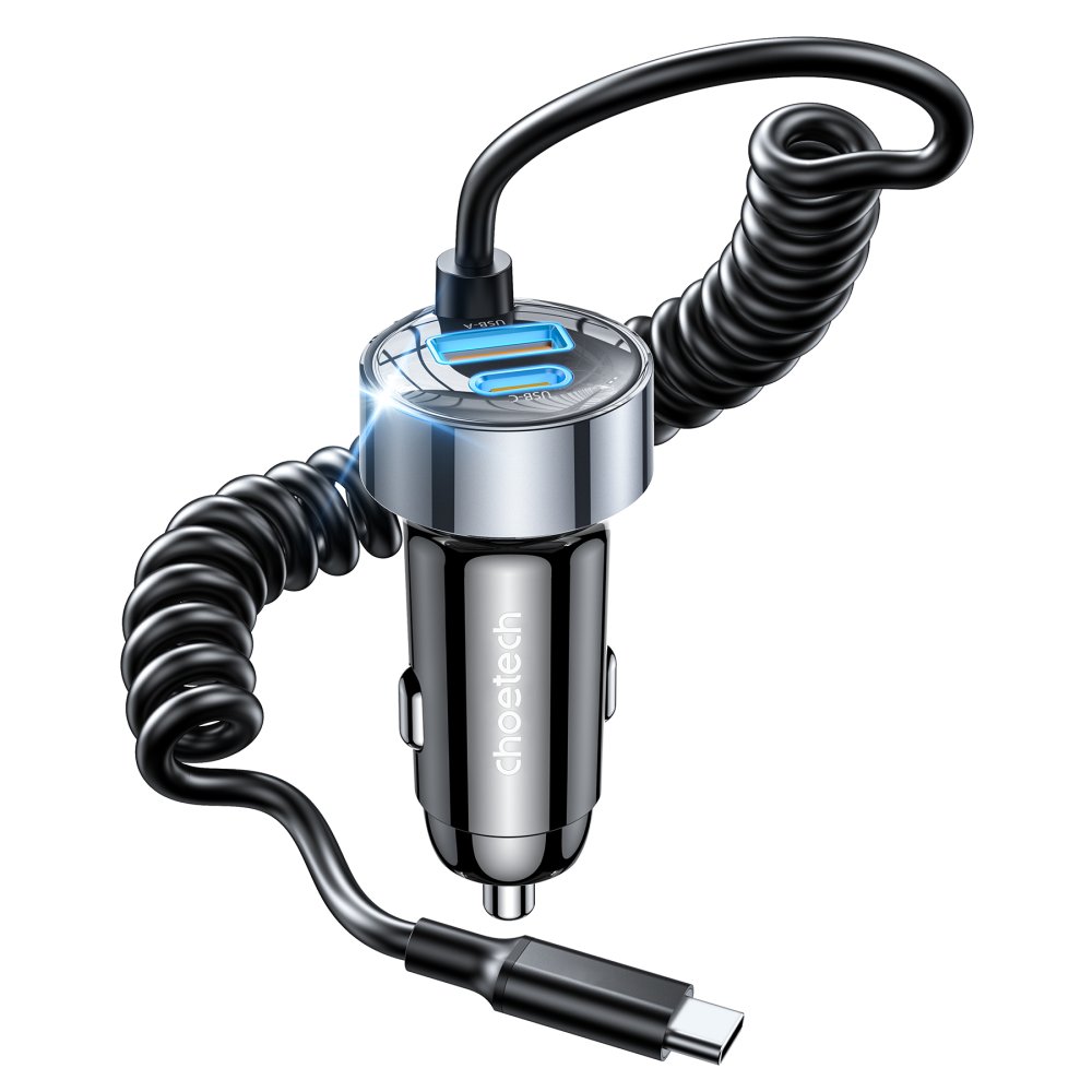 Choetech PD 65W USB-C/USB-A Fast Car Charger з розтяжним кабелем