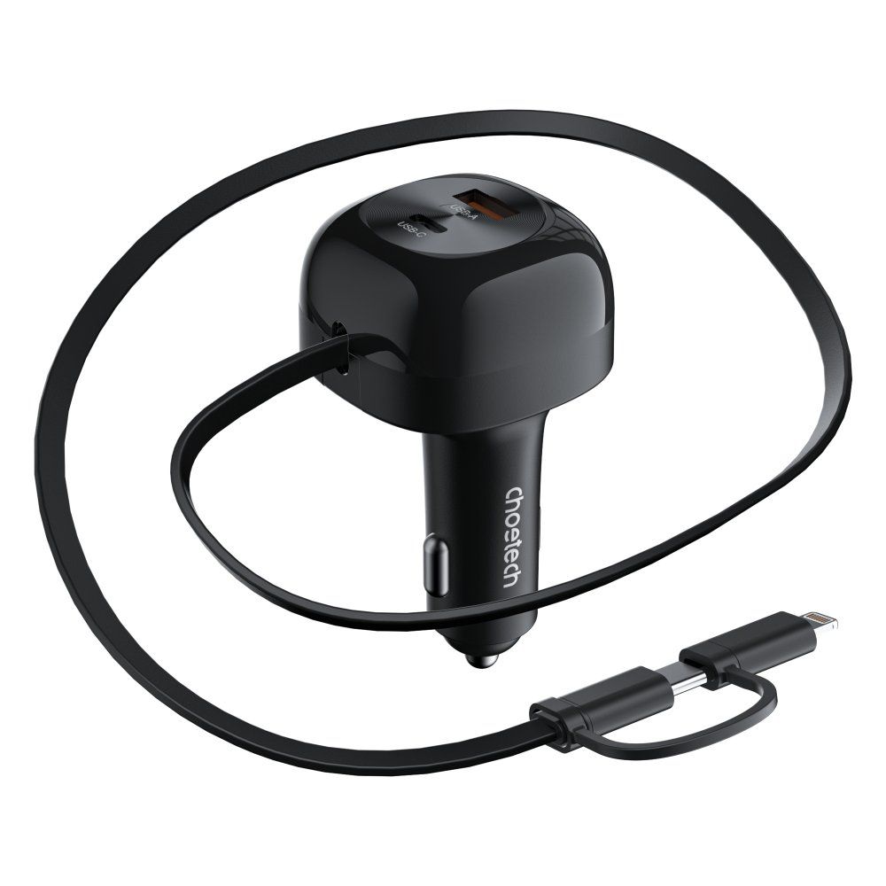 Choetech PD 45W USB-C/USB-A  Car Charger з розтяжним кабелем