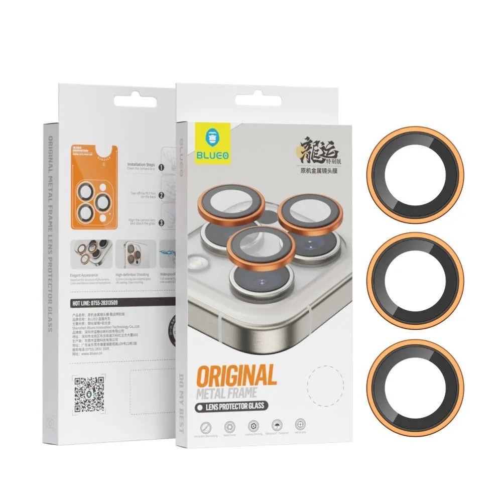 Blueo Original Metal Frame Lens Protector Glass for iPhone 15 Pro/15 Pro Max Orange